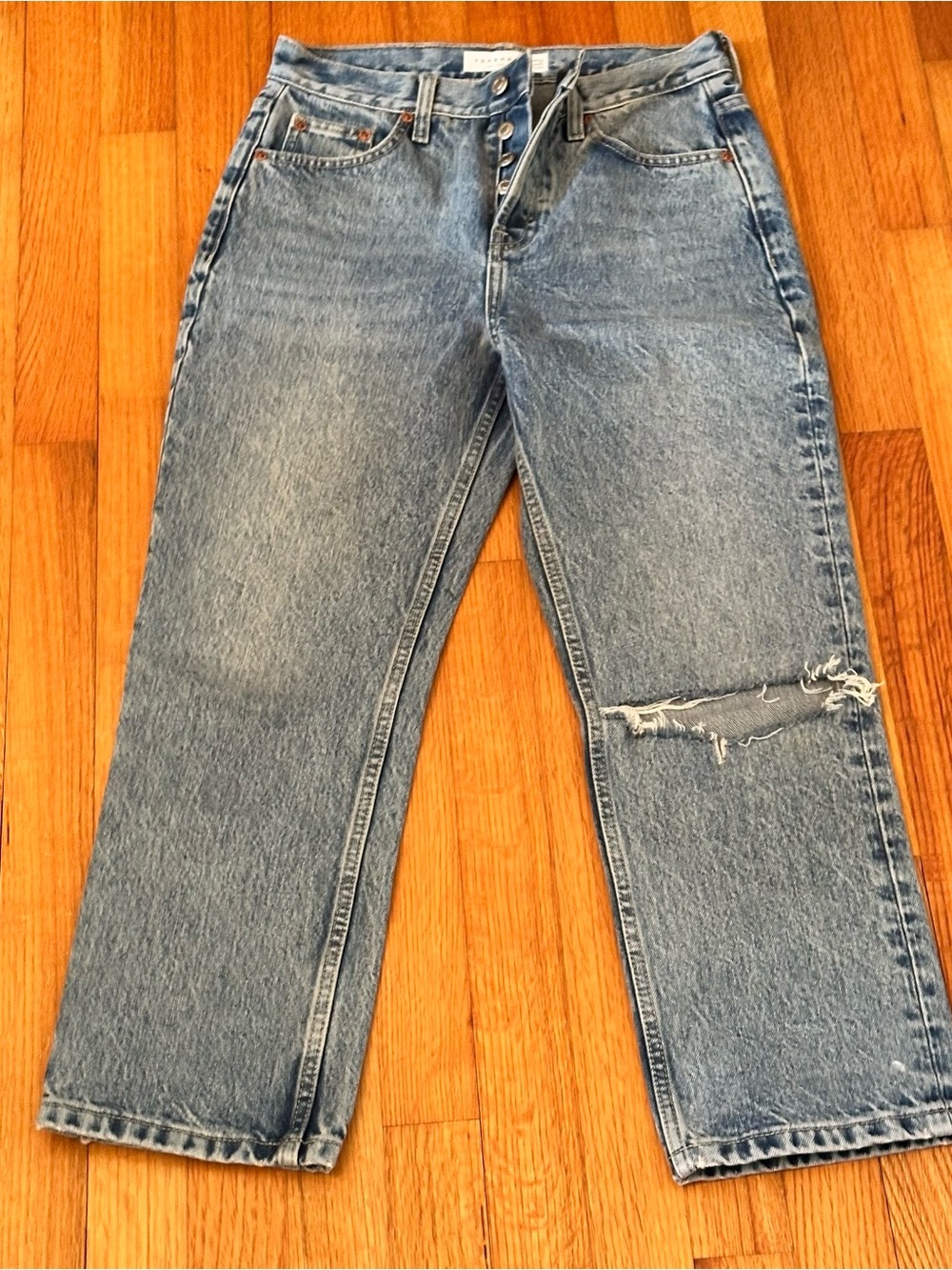 Topshop Editor Busted Knee High Rise Cropped Relaxed Fit Denim Jeans size 26 (v